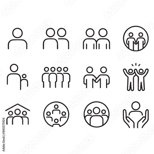 Minimalist Modern Community Outline Icons Set – People, Friendship, Social & Inclusion, Editable Stroke