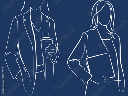 Businesspeople Sketch, Professional Colleagues With Coffee And Documents