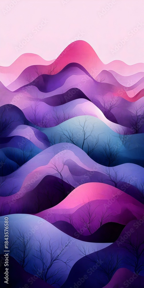Fototapeta premium A serene landscape of rolling hills in shades of purple and pink, creating a dreamy atmosphere with bare trees adding depth and contrast against the vibrant colors.