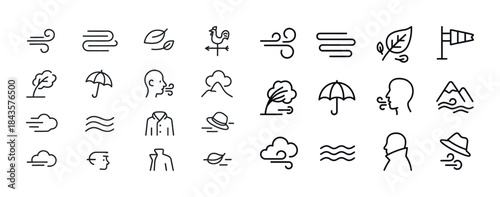 Wind and weather icon set featuring trees umbrellas clouds