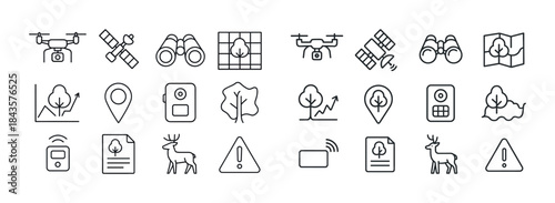 Line icons of drones, satellite, maps, trees, and wildlife for d