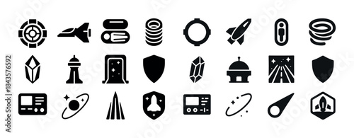 Space-themed icon set featuring rockets, planets, shields, and f