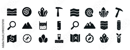 Geology icon set: tools, crystals, maps, equipment for explorati