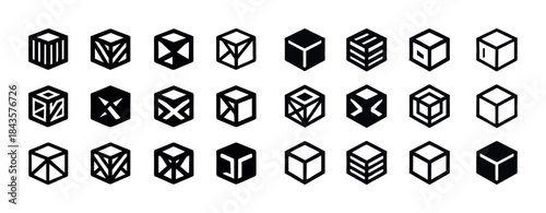 Geometric icon set featuring various black hexagonal designs