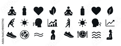 Healthy lifestyle icons: meditation, nutrition, fitness, wellbei