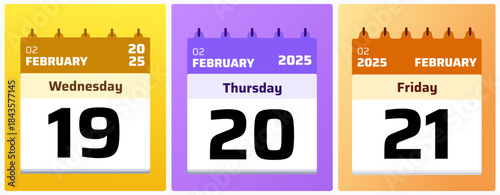 19 Wednesday February 2025 Calendar. 20 Thursday and 21 Friday February 2025 Monthly Planner, Strategic February 2025 Time Planner. Vector illustration