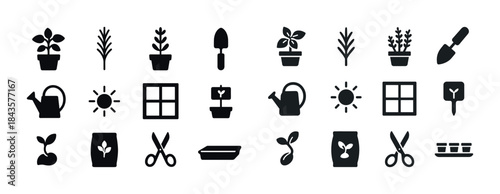 Gardening icons: tools, plants, watering cans, sprouts, windows