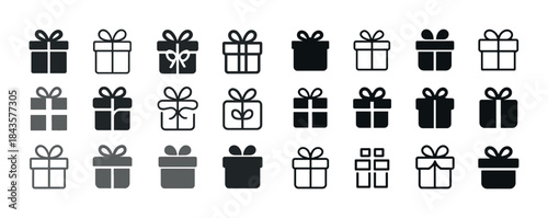 Collection of gift box icons with bows in various styles and col