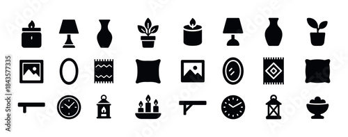 Set of home decor icons featuring lamps, vases, plants, clocks,
