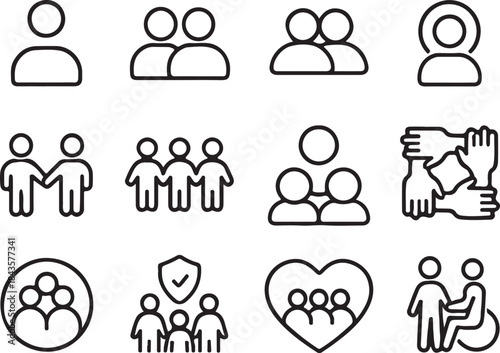 Minimalist Modern Community Outline Icons Set – People, Friendship, Social & Inclusion, Editable Stroke