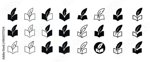 Set of quill and book icons in various styles and outlines