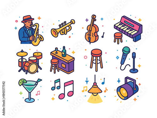 Colorful Jazz Icons. A jazz musician playing a saxophone in a di