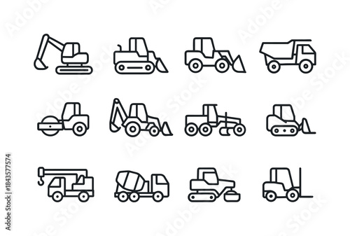 Construction Vehicle Icons. Construction Vehicles. Line icon set