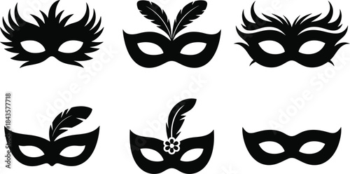 Masquerade Mask Icon Set: Black Silhouette Vector Graphics Collection