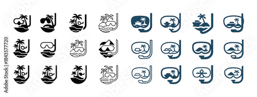 Snorkeling icon set featuring tropical scenes and equipment