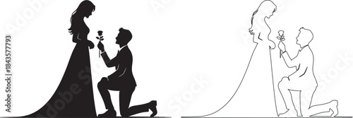 Romantic Couple Proposal with Rose, Black Silhouette and Outline Vector Illustration isolated PNG with Transparent Background