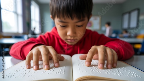 Blind child reading braille book in classroom education

