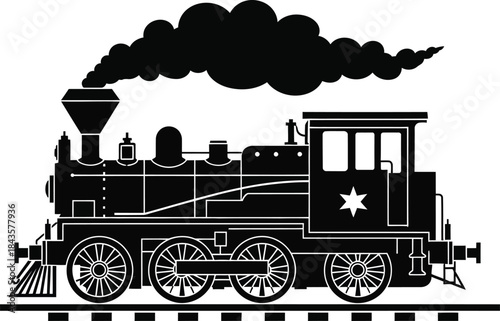 Vintage steam locomotive train engine with smoke and star emblem