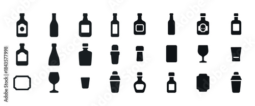 Silhouette icons of various bottles and glasses in grid arrangem