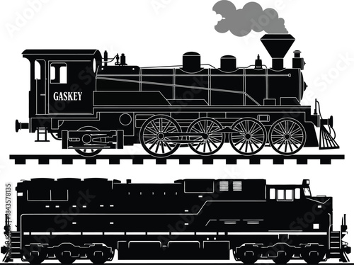 Black silhouette of vintage steam locomotive train on tracks