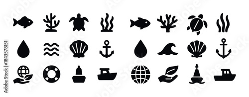 Marine icons: fish, coral, turtle, seaweed, waves, anchor, shell