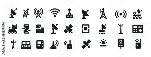 Communication technology icons set: satellites, antennas, networ