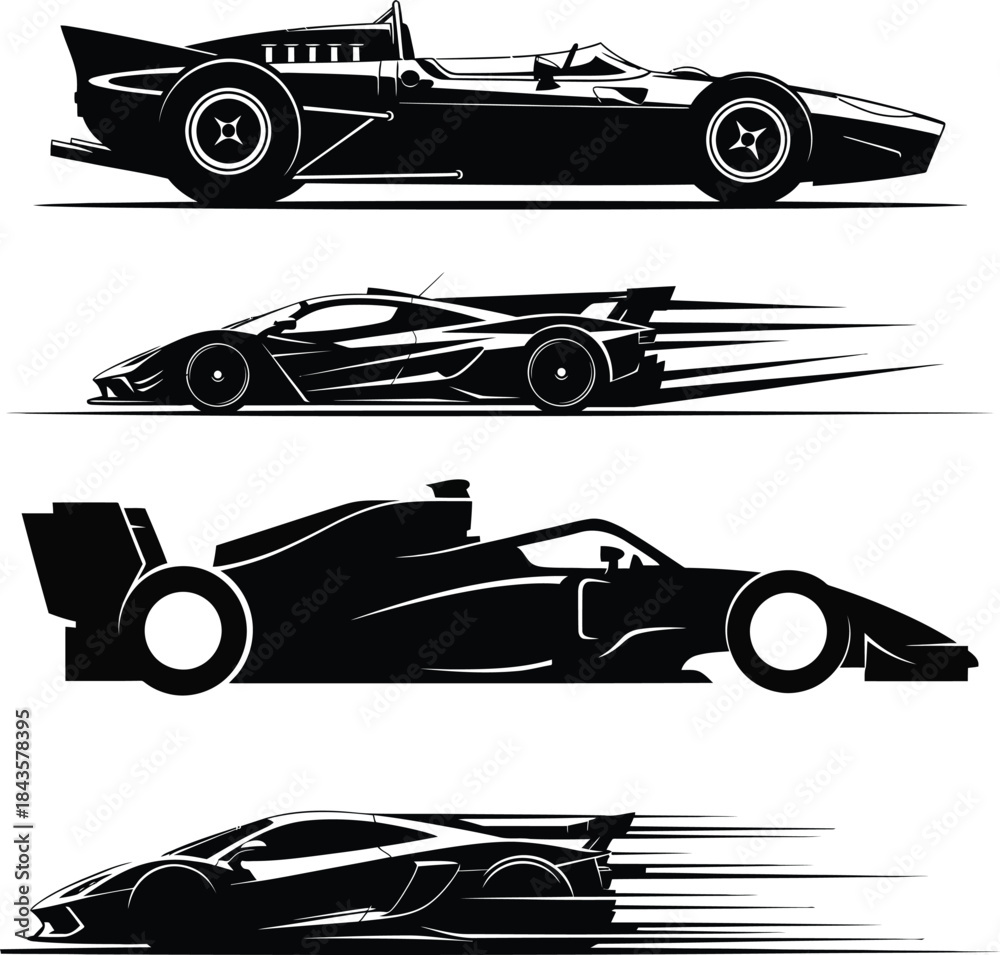 Obraz premium Collection of four black and white race car silhouettes