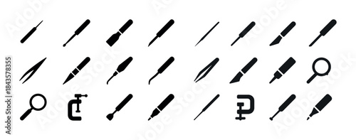 Silhouette icons of tools: tweezers, magnifying glasses, clamps