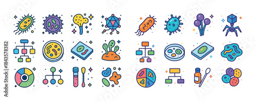 Colorful microbiology icons: bacteria, viruses, cells, and chart