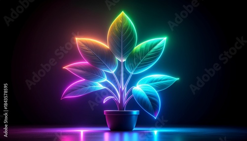 Neon plant with colorful glowing leaves in dark background