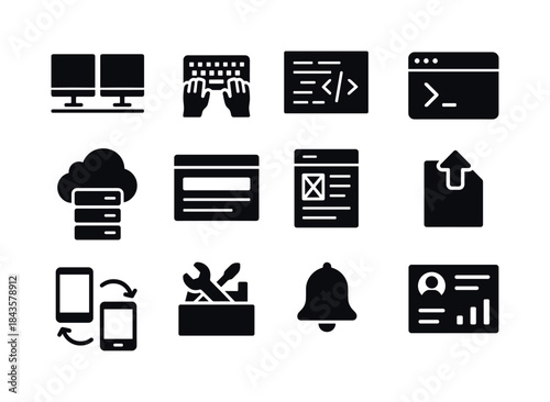 Tech Workspace Icons. Tech workspace. Solid icon set of tech wor