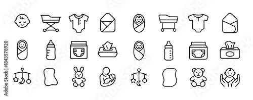 Baby care icons set featuring stroller, onesie, blanket, bottle,