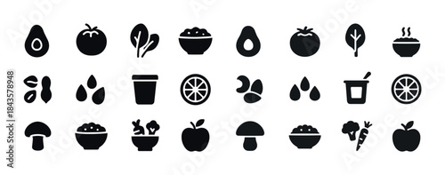 Assorted food icons: vegetables, fruits, nuts, and bowls in blac