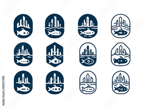 Underwater City Logos. Underwater Cities and Marine Life. Icon s