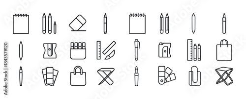Set of stationery icons: pens, pencils, notebooks, erasers, and