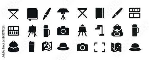 Collection of art and travel icons in black and white