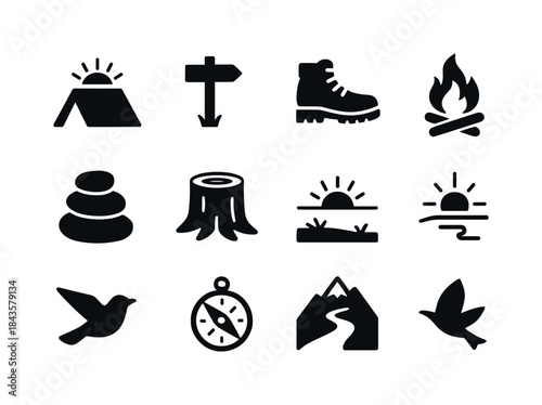 Sunrise Outdoor Icons. Sunrise outdoors. Solid icon set of sunri