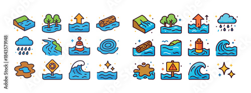 Colorful icons representing water cycle, natural disasters, and
