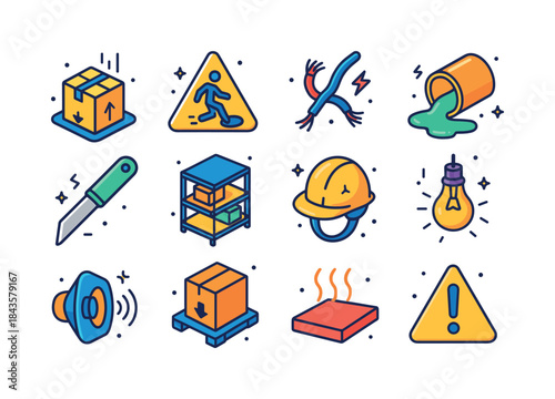 Workplace Safety Icons. workplace hazards. Colorful isometric ve