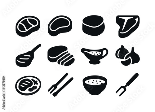 Black Steak Icons. Steak dishes. Solid icon set of Steak dishes: