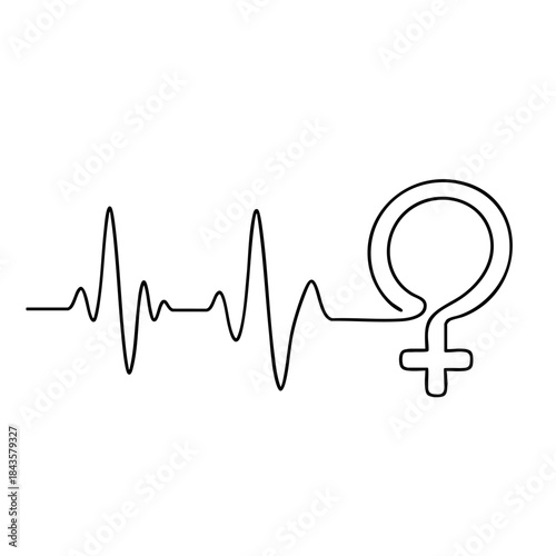 Female gender symbol combined with medical heartbeat pulse. Continuous one line drawing concept for gynecology, women health clinic and feminism.