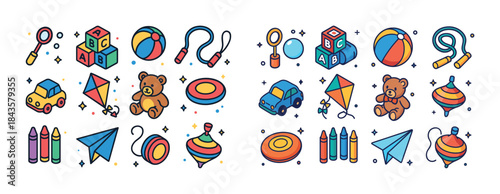 Colorful toy icons collection featuring balls, cars, bears, and