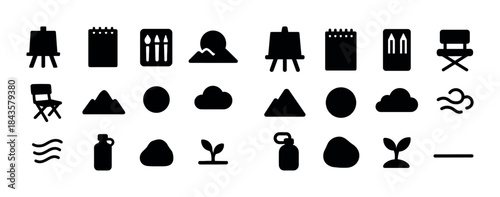 Creative art and nature icon set with easel, mountain, and seedl