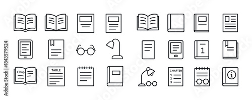 Collection of book and reading icons featuring tablets and glass