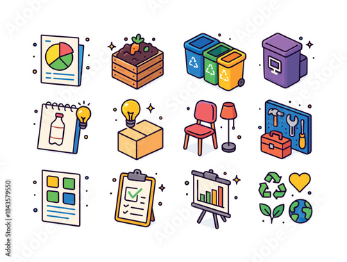 Colorful Waste Reduction Icons. Waste Reduction Strategies. Colo