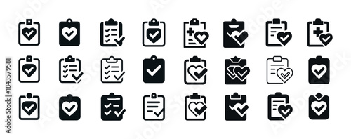 Collection of medical and checklist icons featuring checkmarks a