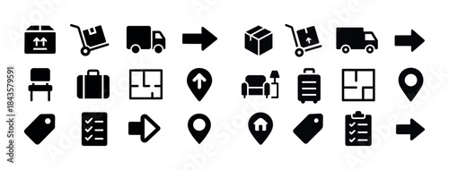 Moving and delivery icons: boxes, trucks, arrows, maps, checklis