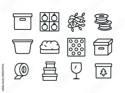 Holiday Storage Icons. Holiday Decoration Storage. Line icon set