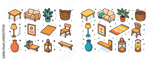 Colorful home decor: furniture, plants, lamps, and accessories i