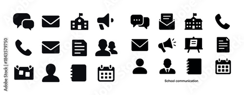 School communication icons: email, phone, calendar, megaphone, m